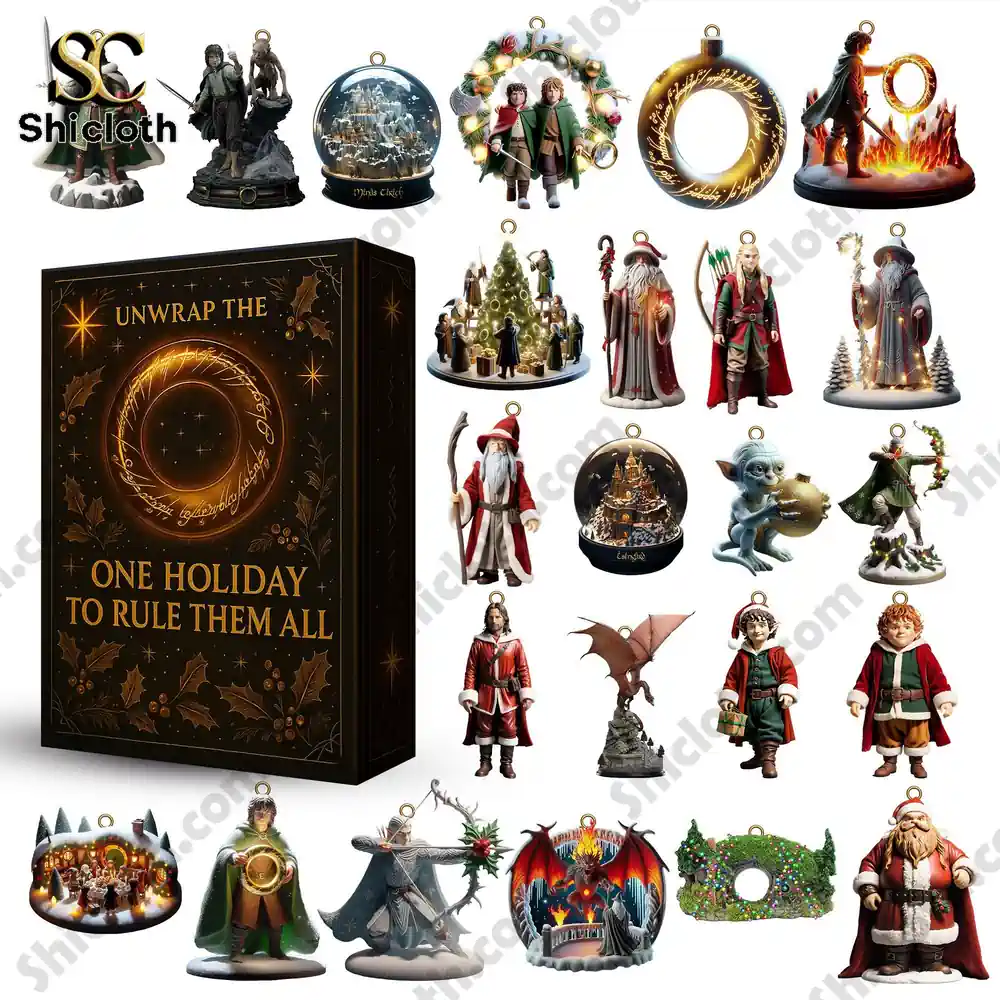 Lord of the Rings 2025 advent calendar by Shicloth with collectible holiday ornaments of characters and scenes.