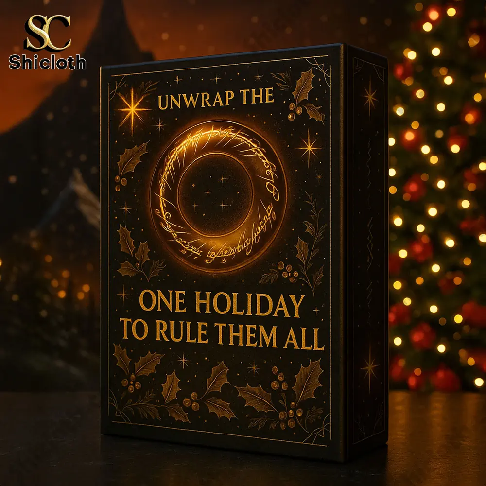 Close up of the Shicloth Lord of the Rings advent calendar 2025 box with golden One Ring design.