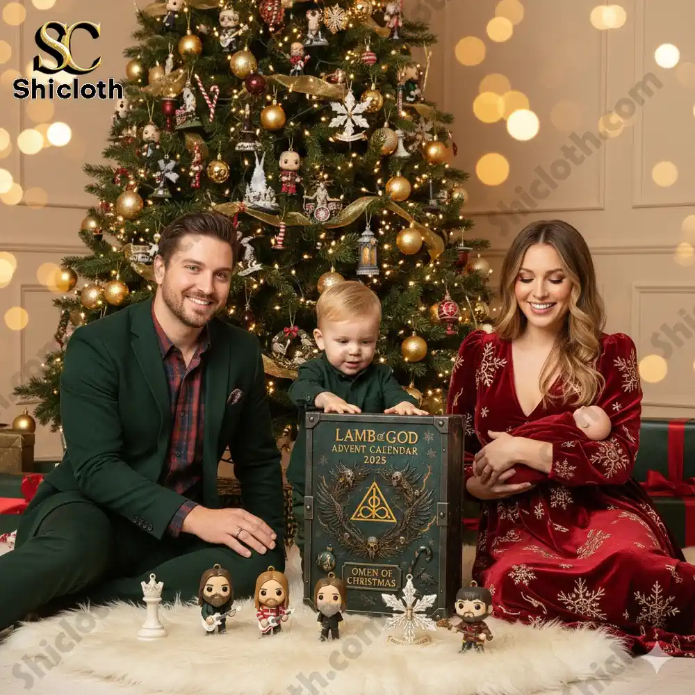A family of three with a toddler in front of a Christmas tree holding a Lamb of God Advent Calendar 2025.
