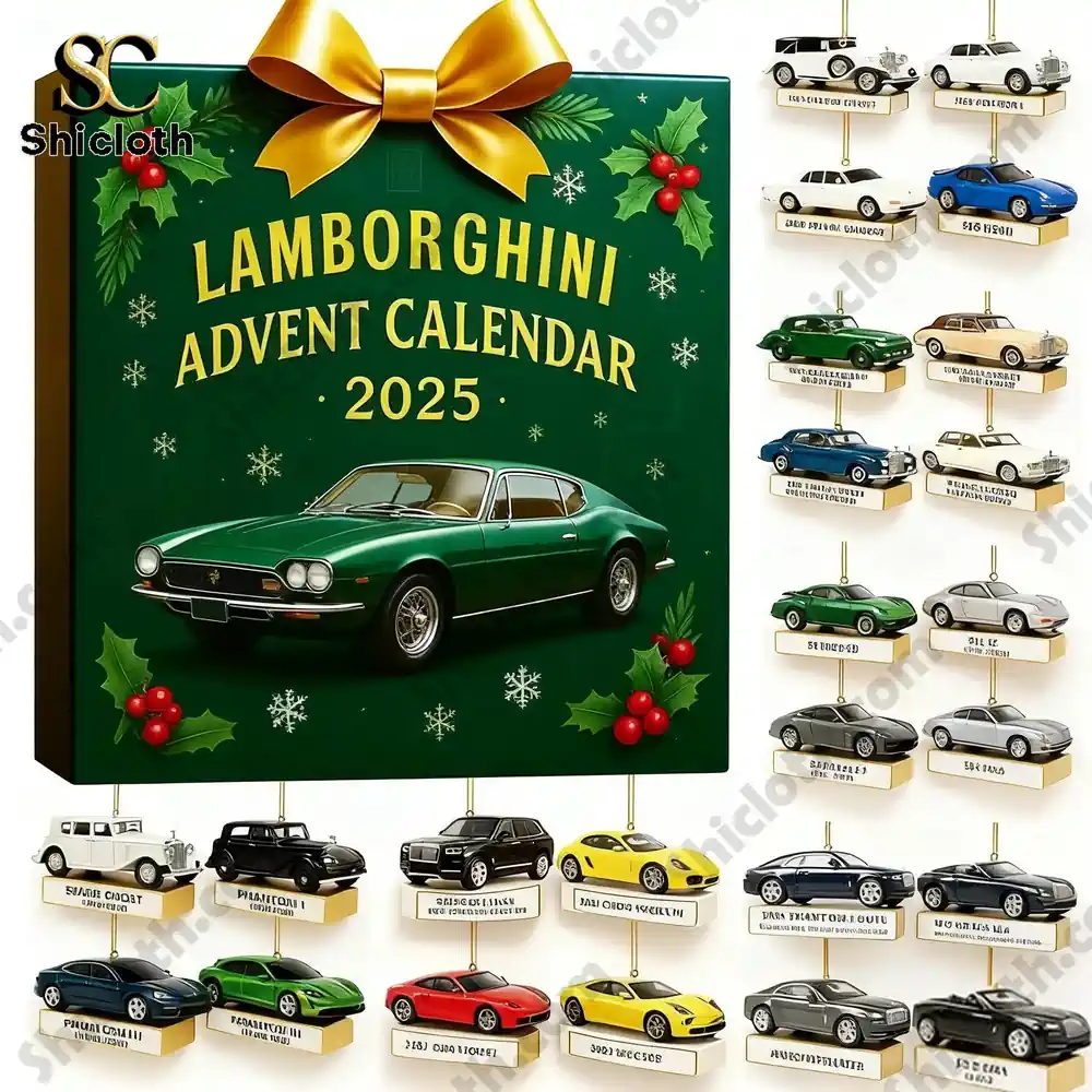 Lamborghini 2025 advent calendar with miniature collectible cars displayed around the box.
