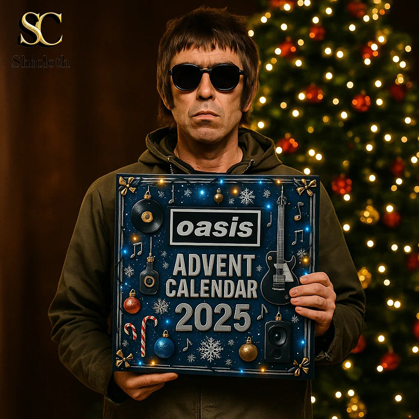 Man holding Oasis Advent Calendar 2025 with Christmas tree lights in background.