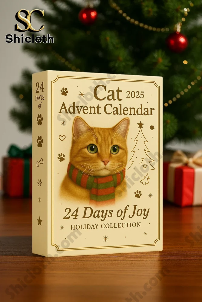 Cat Advent Calendar 2025 box with festive background and Christmas tree.