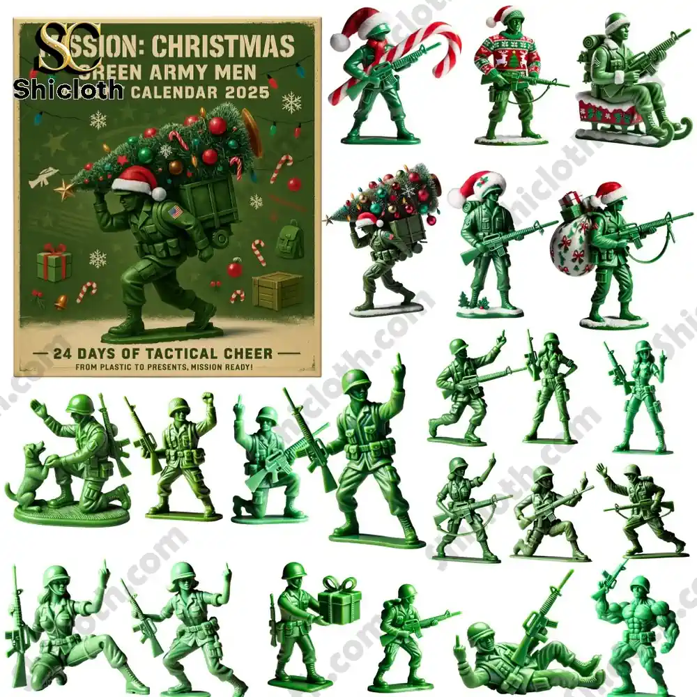 A 2025 Mission: Christmas Green Army Men Advent Calendar featuring toy soldier figurines in festive holiday themes.