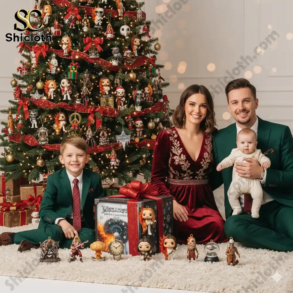 Family posing with Megadeth Advent Calendar and Christmas tree.