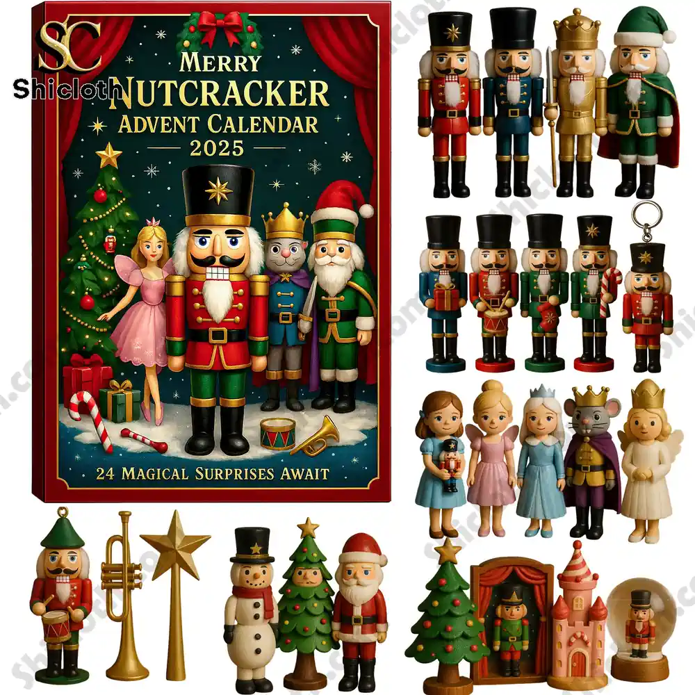 Merry Nutcracker Advent Calendar 2025 with nutcracker figurines and holiday ornaments.