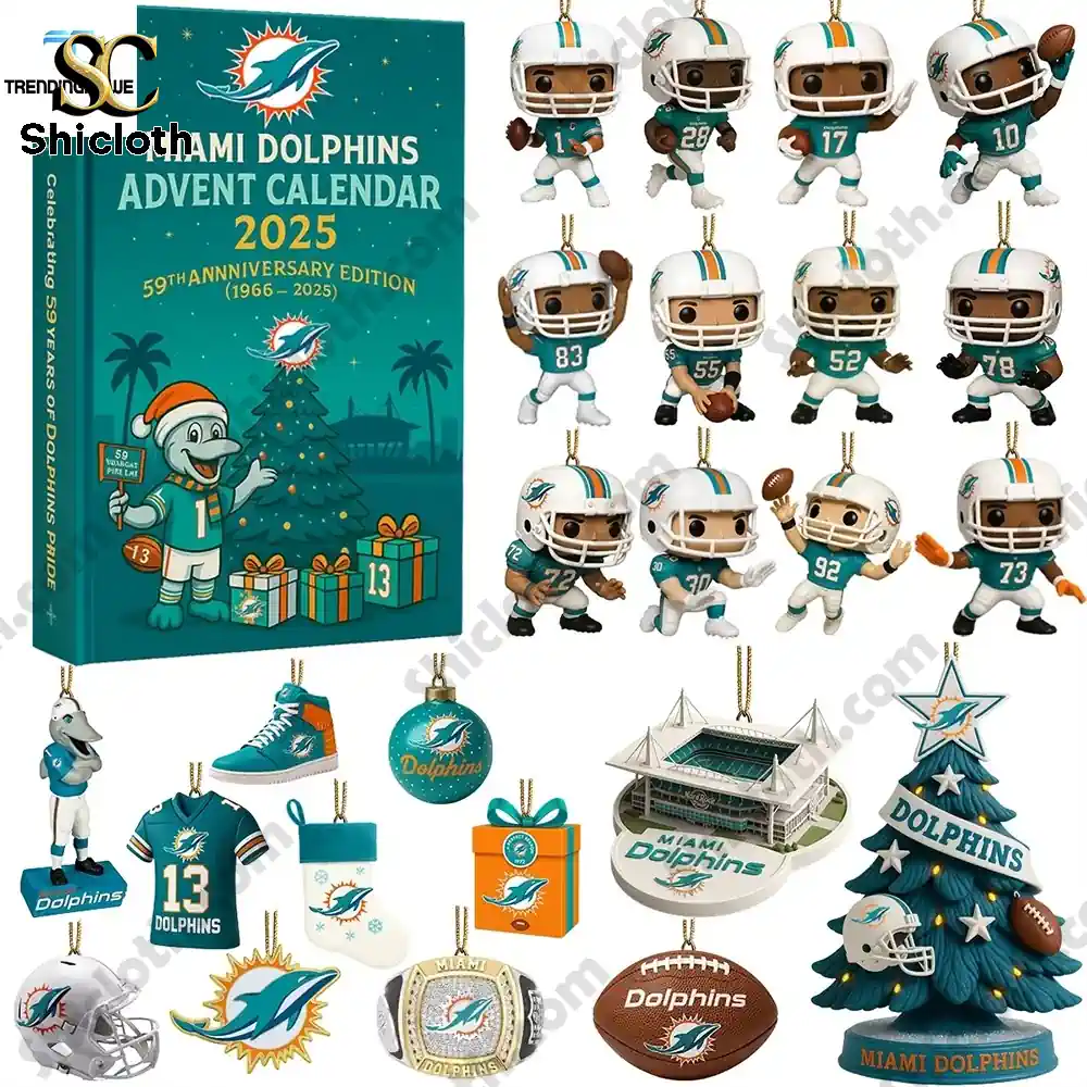 Miami Dolphins 2025 advent calendar with mini figures and team ornaments.
