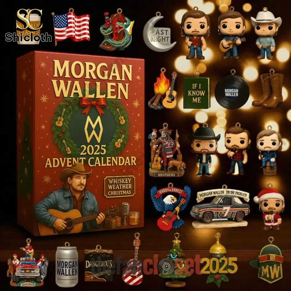 Morgan Wallen advent calendar 2025 with miniature figurines and Christmas ornaments.