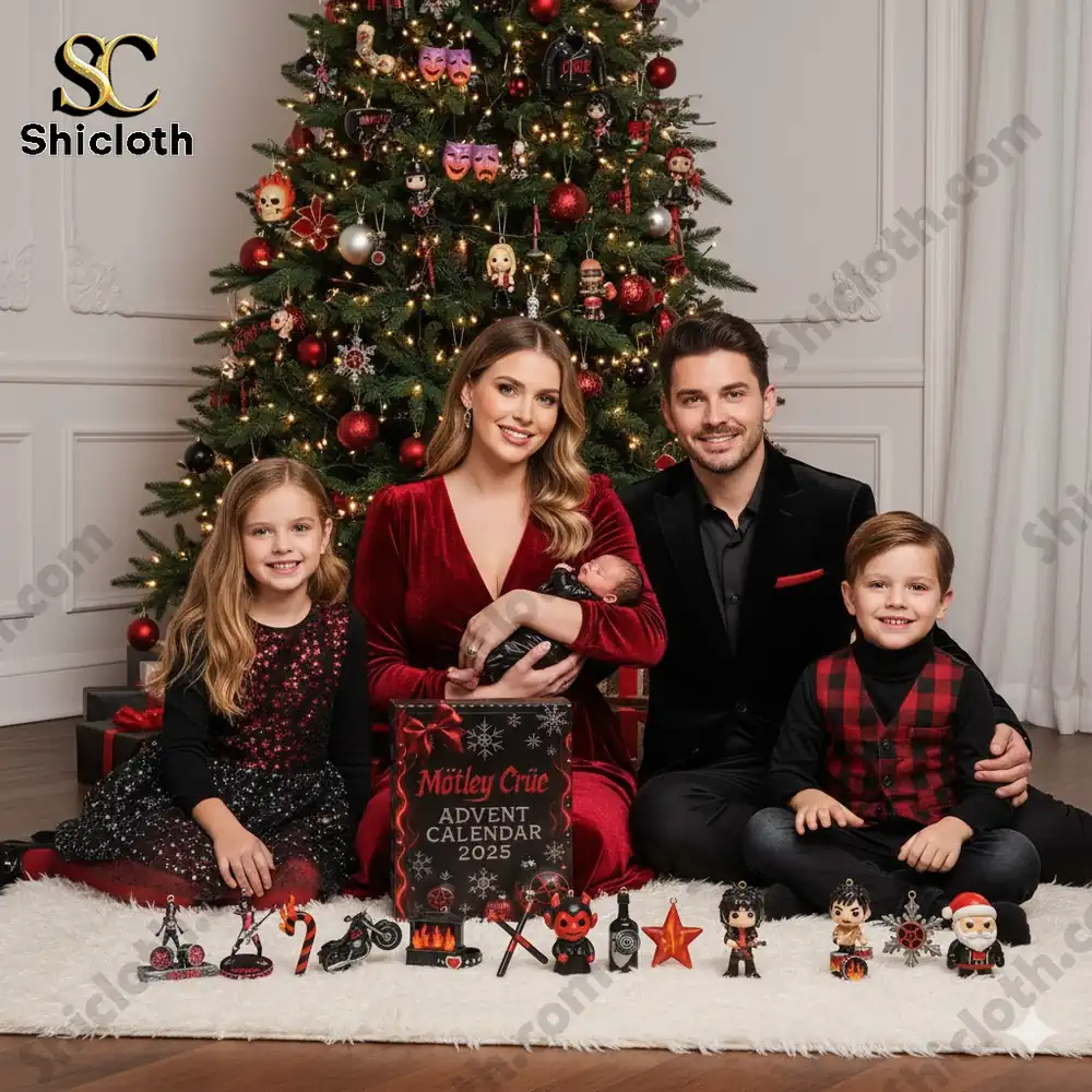 A family posing with a Motley Crue Advent Calendar and festive Christmas decor.