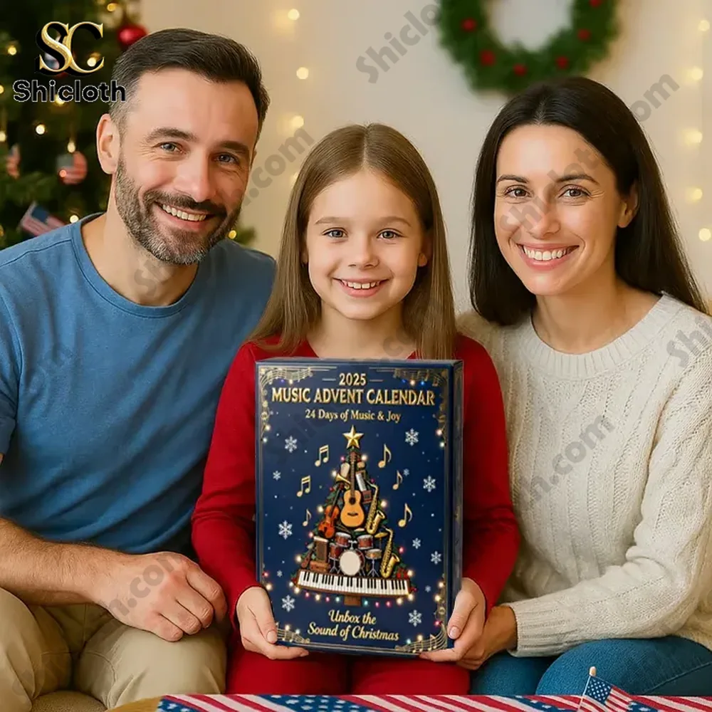 Family holding the 2025 Music Advent Calendar box in a festive Christmas setting.