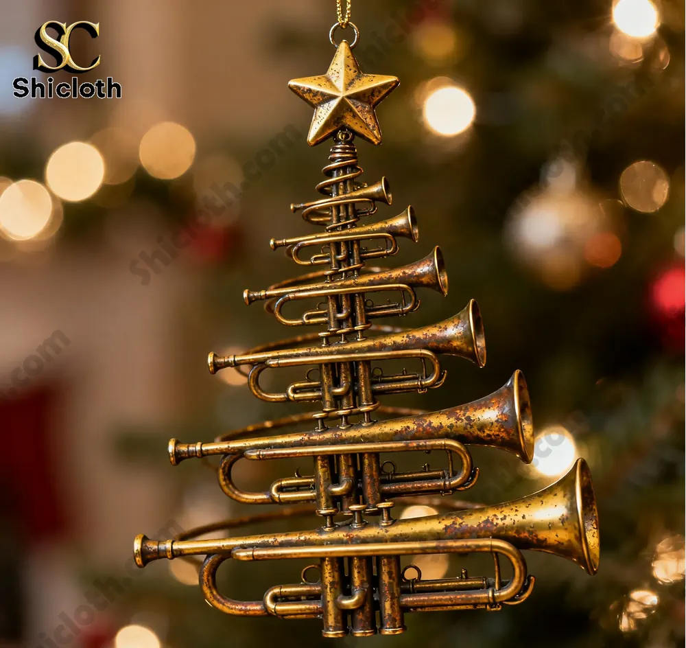 Music Ornaments 24 Day Christmas Blend Box Advent Calender 2025 3 Christmas tree ornament made of golden trumpets with a star on top.