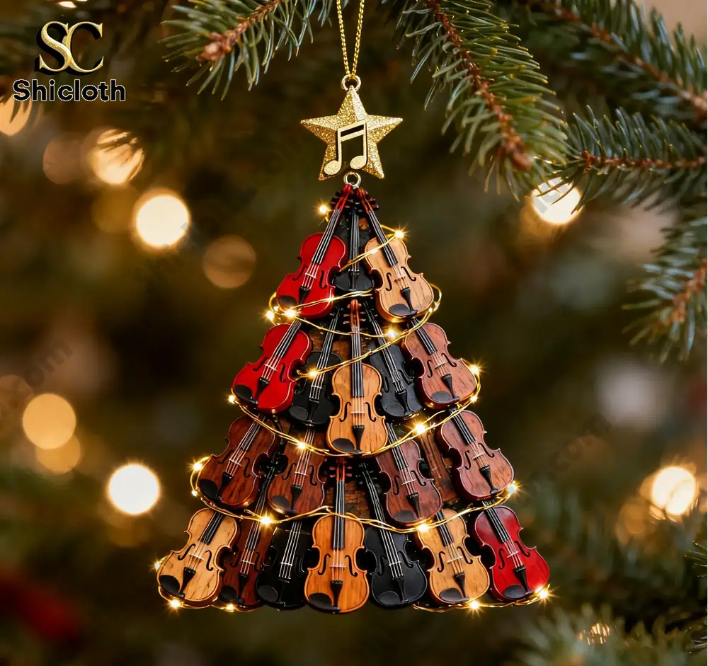Music Ornaments 24 Day Christmas Blend Box Advent Calender 2025 4 Christmas tree ornament made of colorful violins with golden lights.