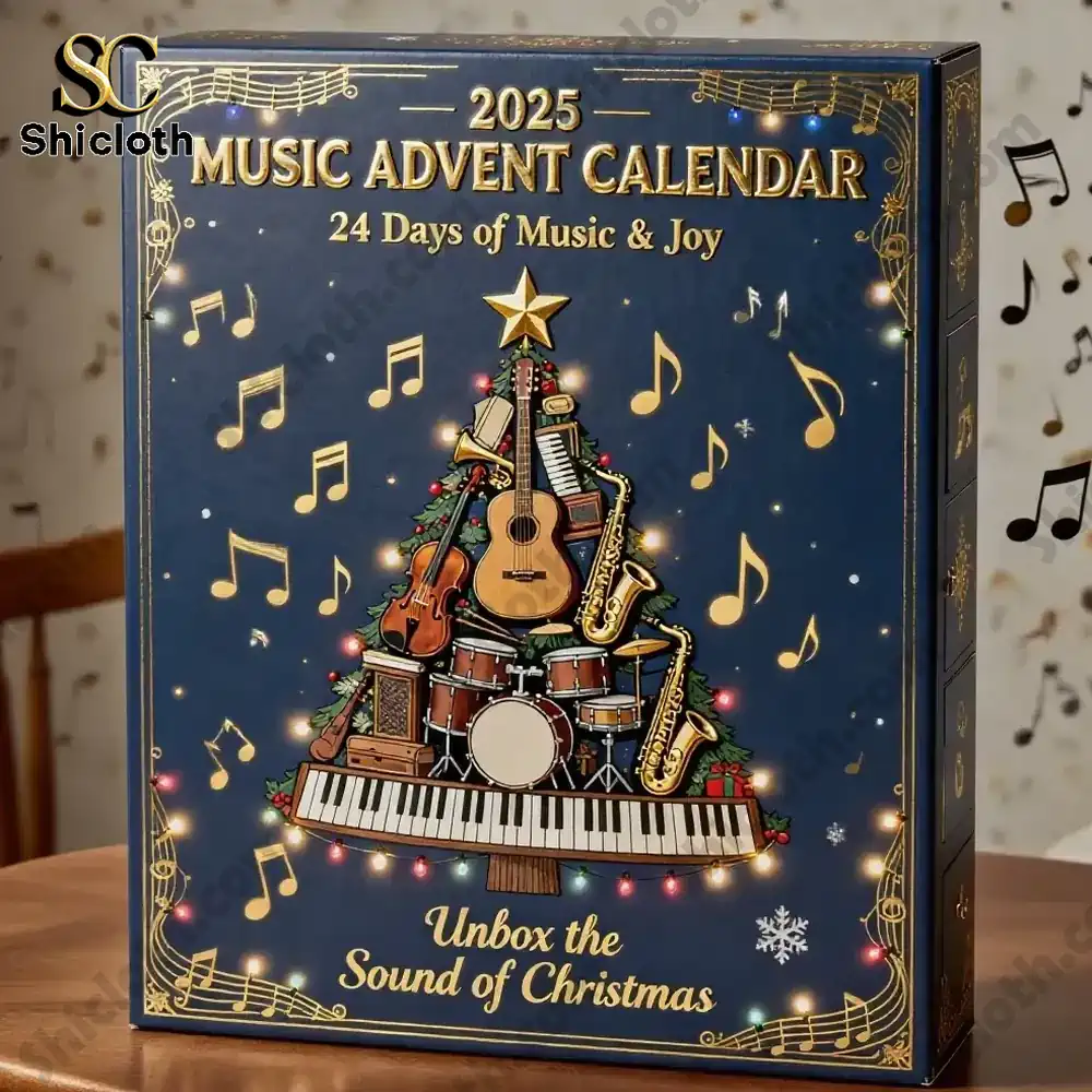 Music Ornaments 24 Day Christmas Blend Box Advent Calender 2025 5 2025 Music Advent Calendar box with Christmas tree made of instruments on a wooden table.
