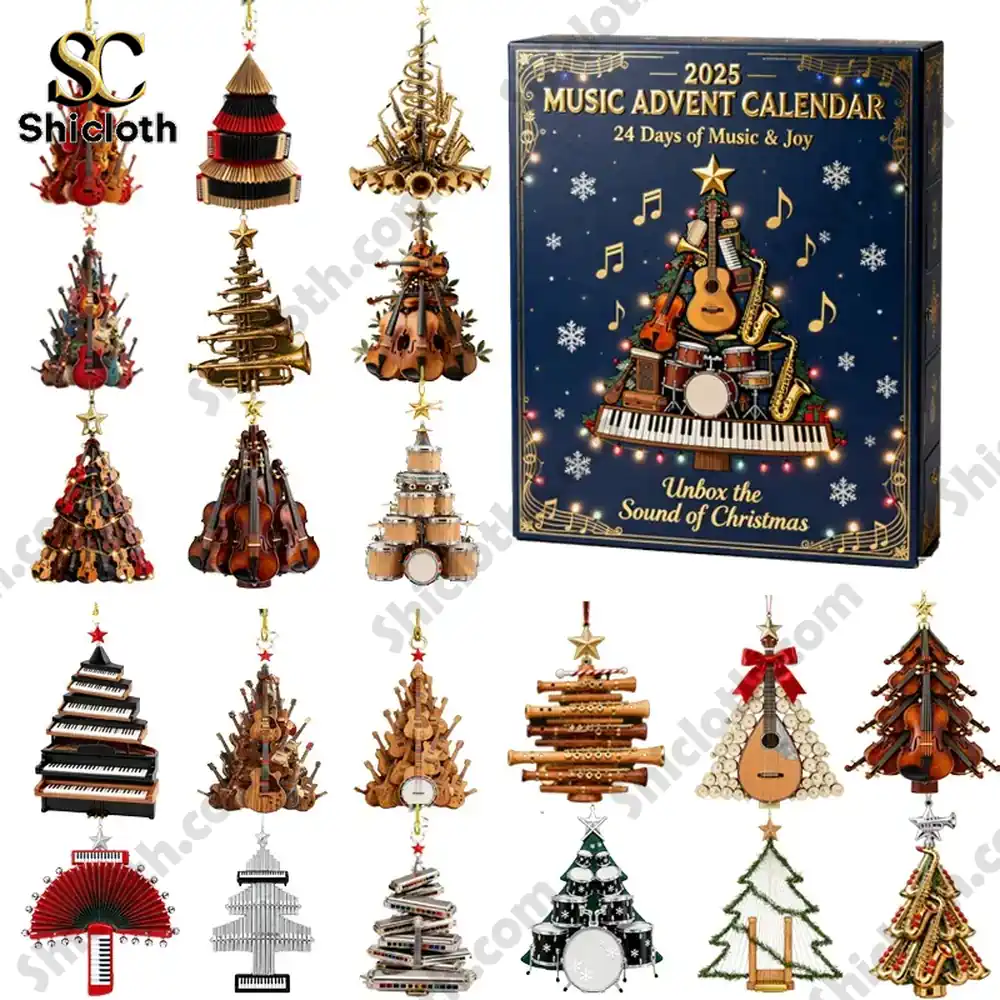 Music Ornaments 24 Day Christmas Blend Box Advent Calender 2025 6 Collection of 2025 Music Advent Calendar with multiple instrument-shaped Christmas tree ornaments.