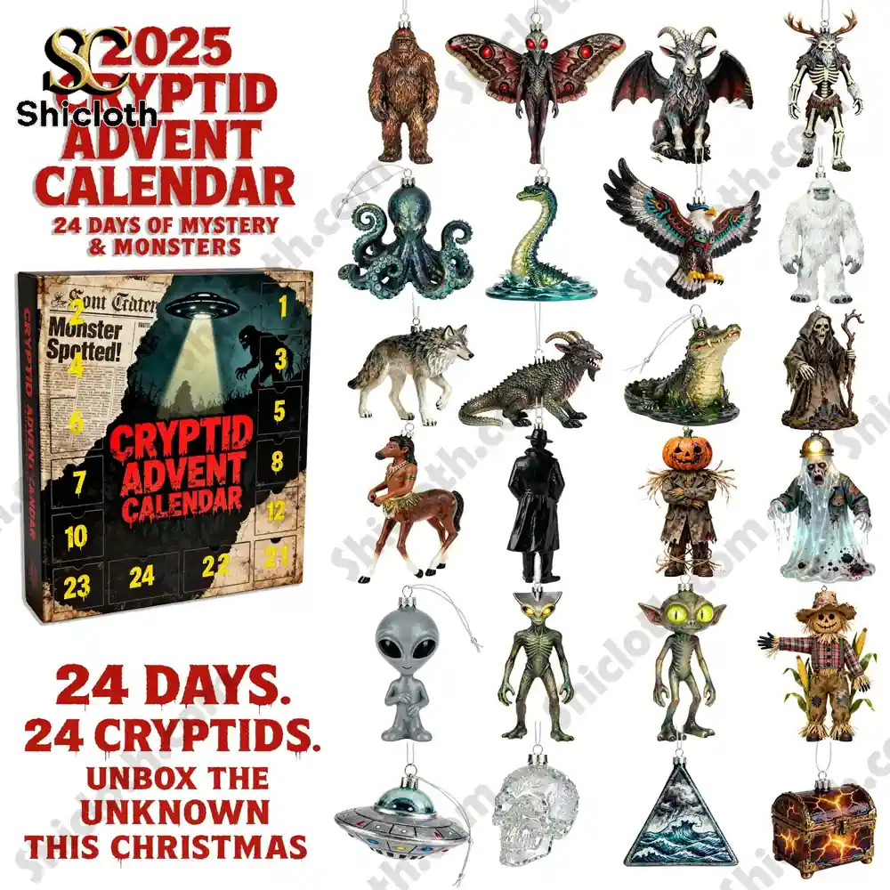 2025 Cryptid Advent Calendar with collectible cryptid monster figures displayed on a white background.
