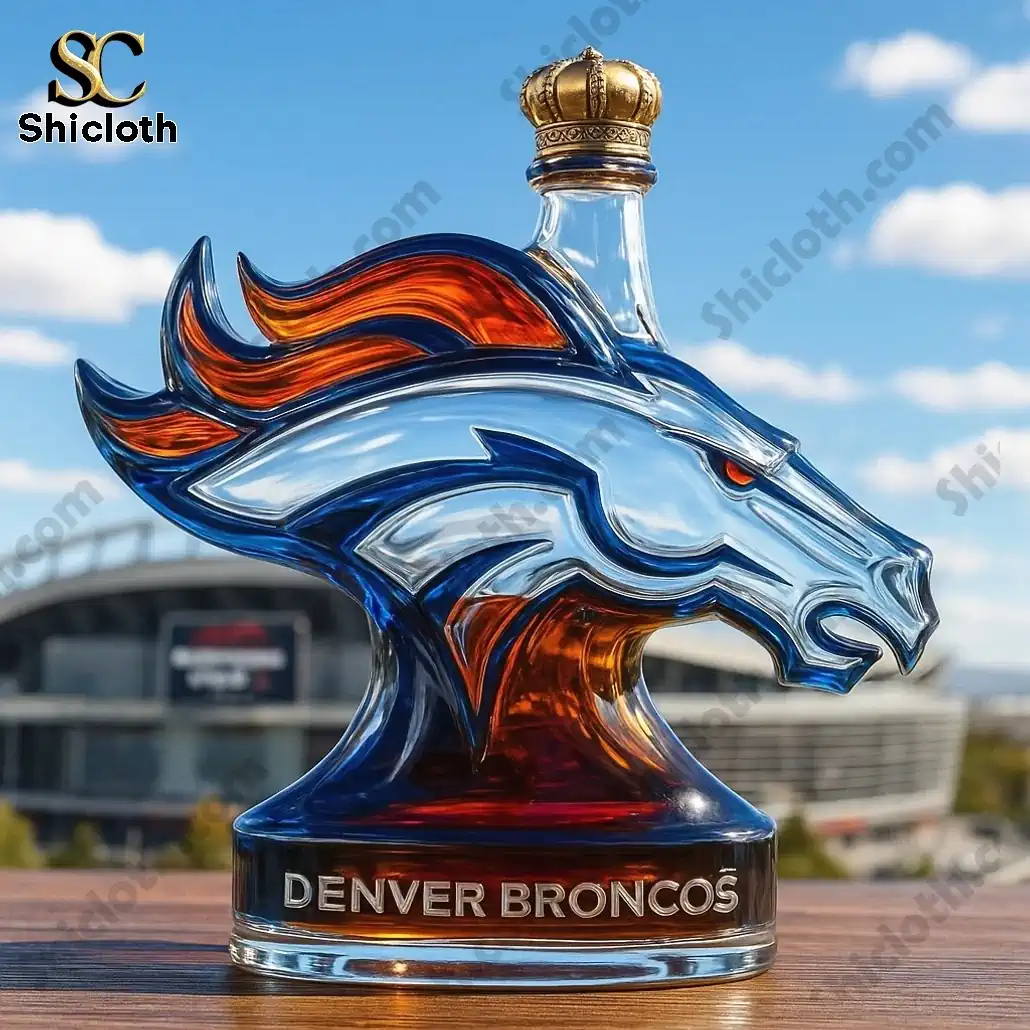 Denver Broncos horse head whiskey bottle with crown cap on top.