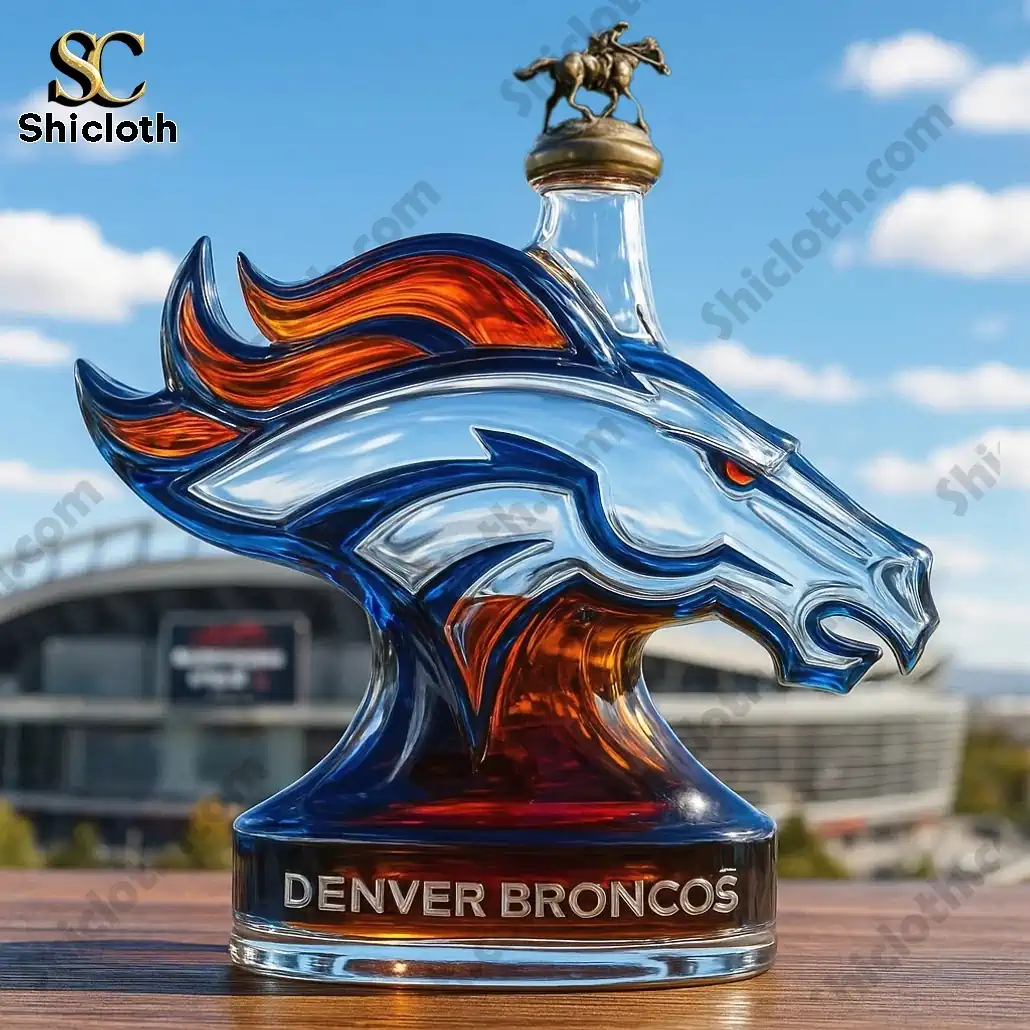 Denver Broncos horse head whiskey bottle with horse rider cap.