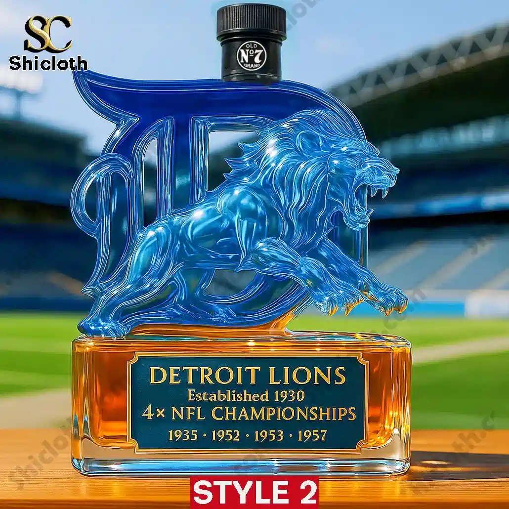 PREMIUM Detroit Lions 4x NFL Championship Whiskey Bottle 3 A blue Detroit Lions whiskey bottle with a black Old No7 cap and engraved championship years!