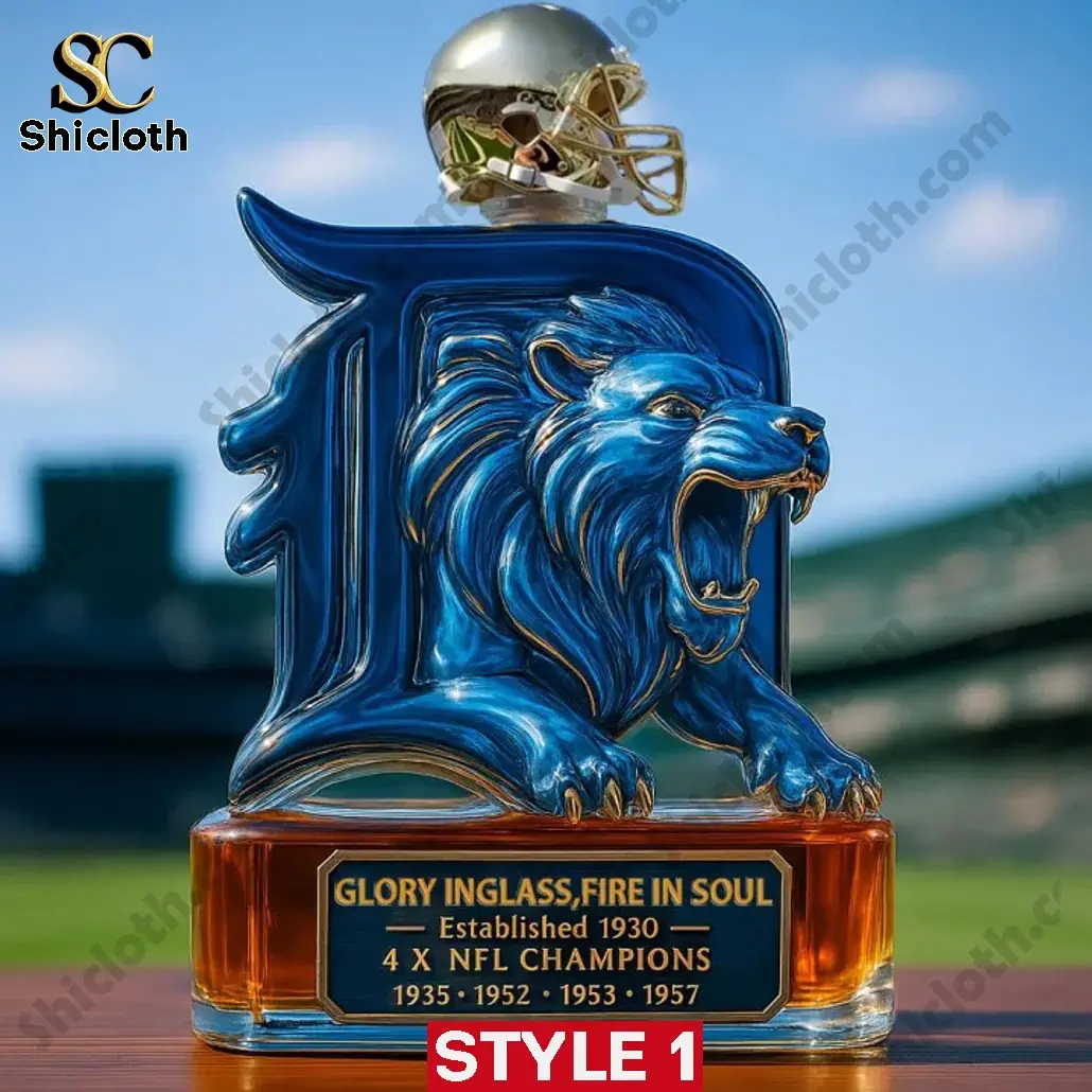 A blue Detroit Lions whiskey bottle with a golden football helmet cap and engraved 4x NFL championship details!