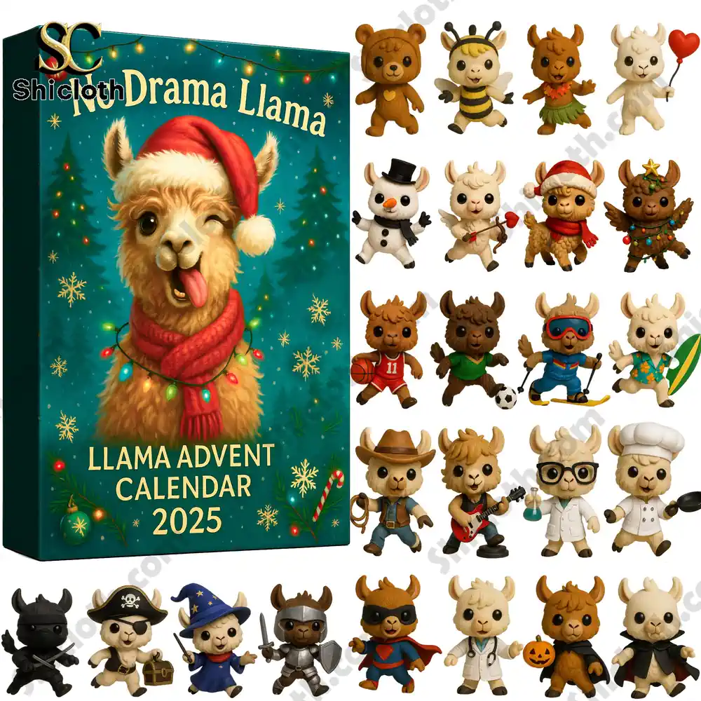Llama advent calendar 2025 box with cute llama figurines in different costumes.