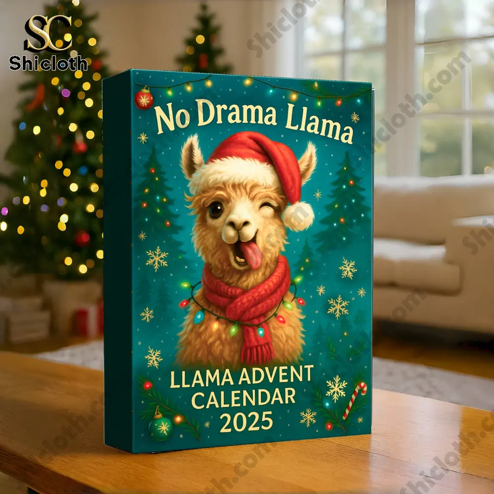 Llama advent calendar 2025 box with Christmas tree in the background.