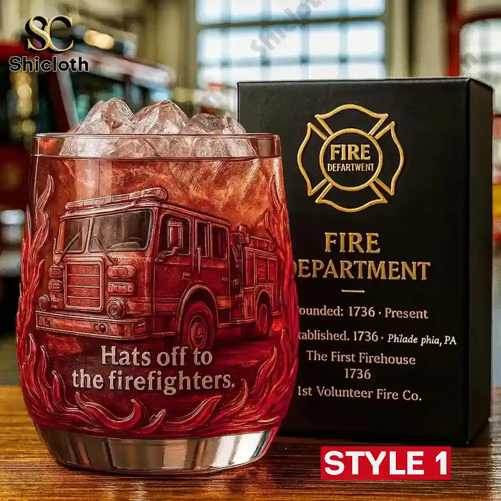 Firefighter themed glass with fire truck design and ice on top.