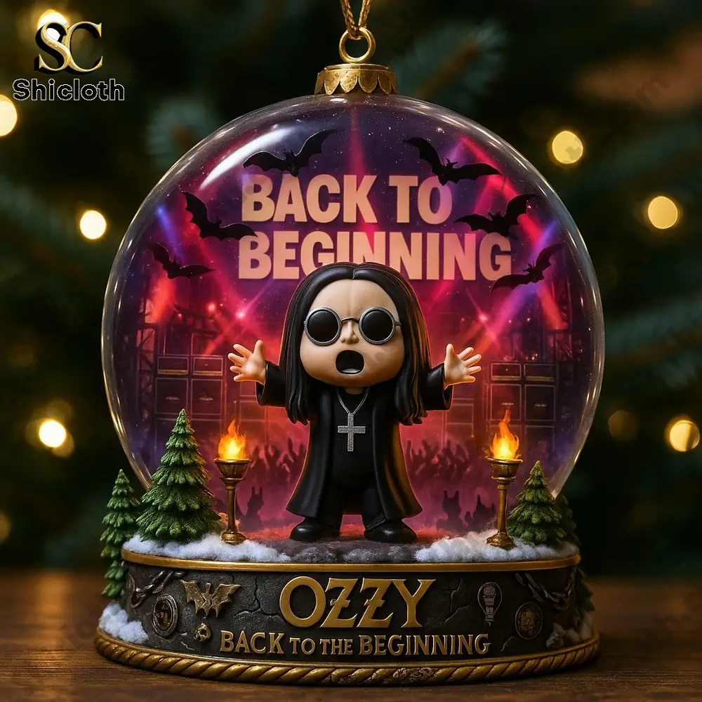Christmas ornament featuring Ozzy Back to the Beginning inside a glass globe.