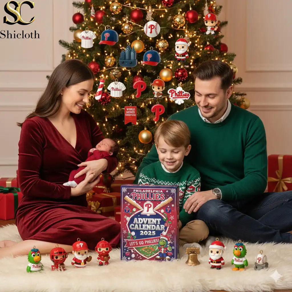 Shicloth Philadelphia Phillies advent calendar on wooden table at stadium