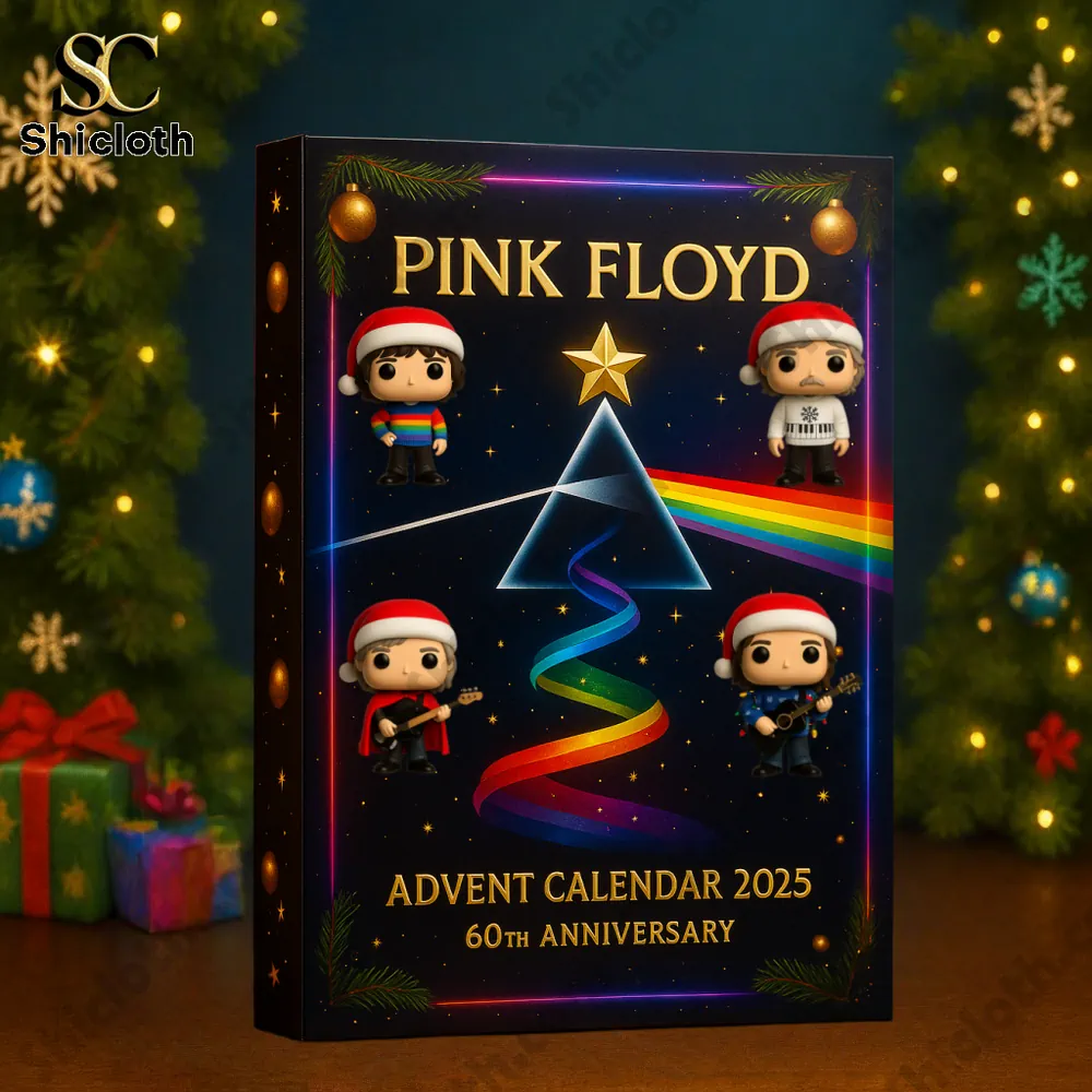 Pink Floyd 60th Anniversary Advent Calendar 2025 box with band figures in Santa hats and prism rainbow design.