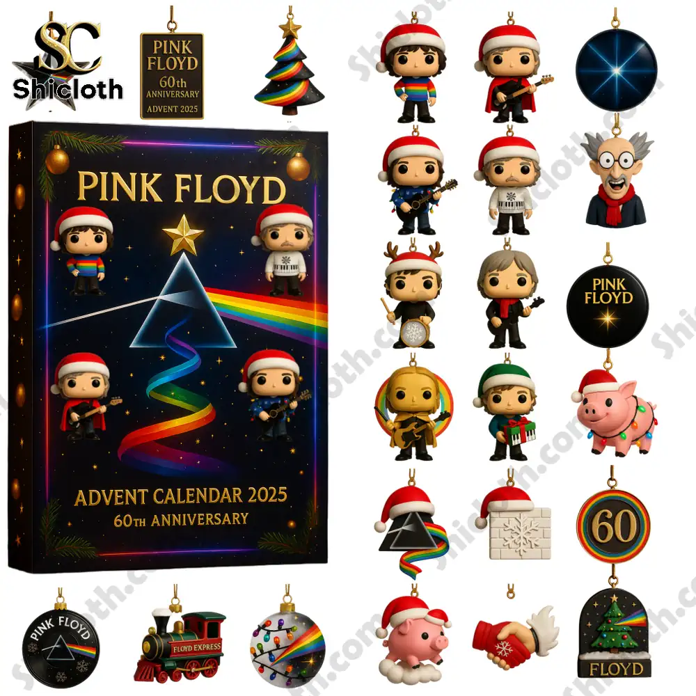 Pink Floyd 60th Anniversary Advent Calendar 2025 set with band figures, ornaments, and themed accessories.