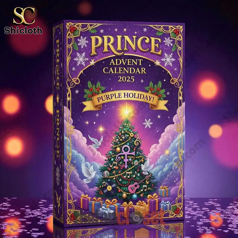 Prince Advent Calendar 2025 with purple holiday theme featuring a Christmas tree and festive decorations.
