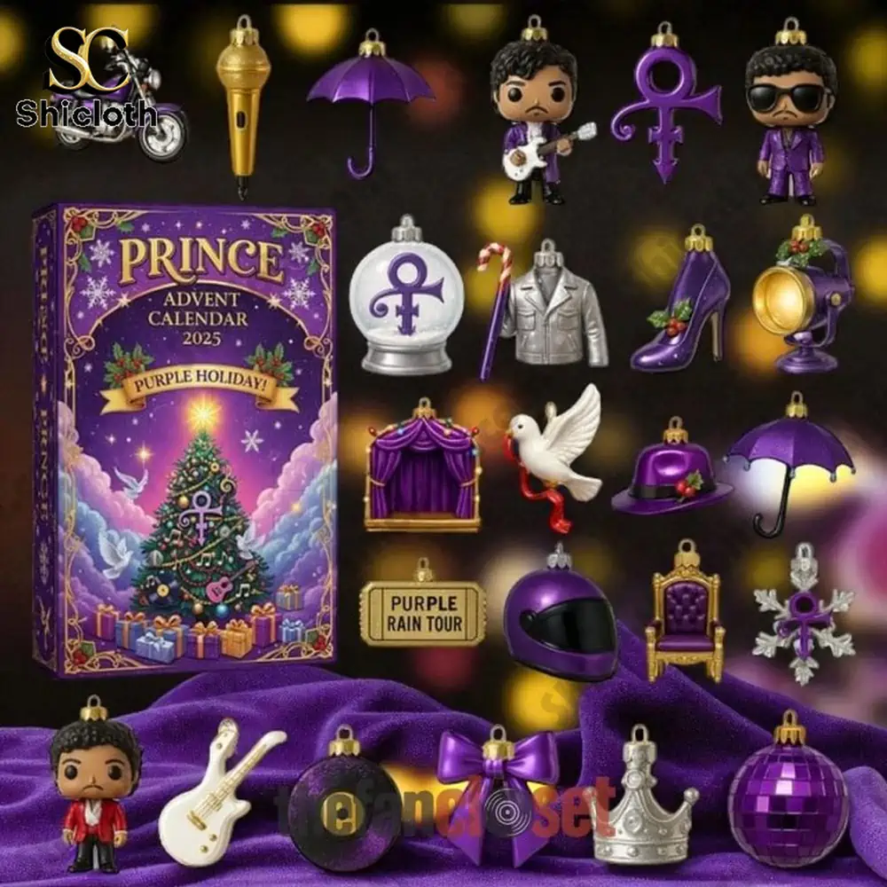 Prince Advent Calendar 2025 with miniature purple holiday ornaments and collectible figures.