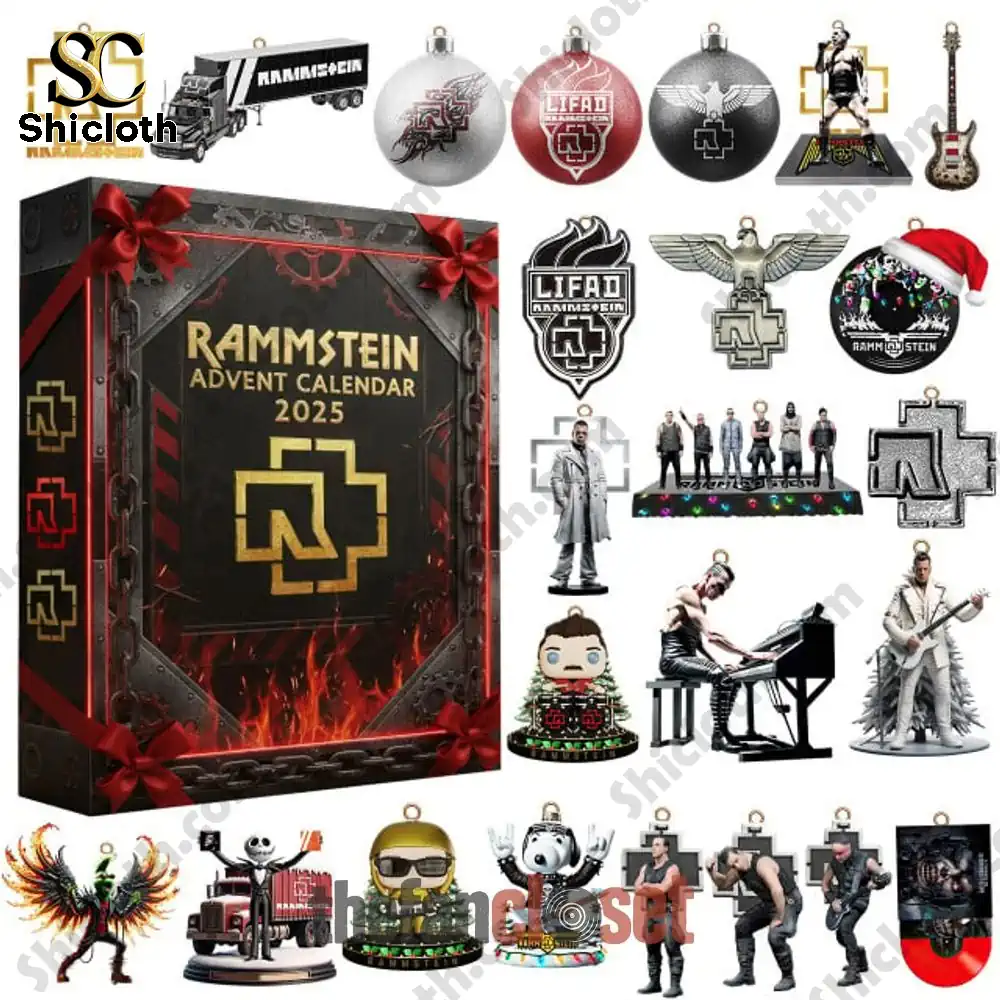 Rammstein Band Christmas 2025 Advent Calendar 3 Rammstein Advent Calendar 2025 with various collectibles including ornaments and figurines.