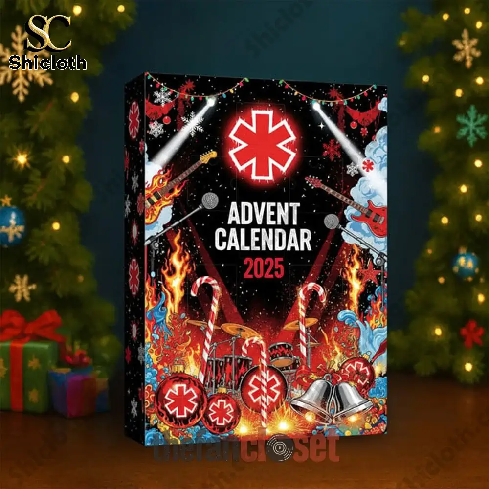 Red Hot Chili Peppers Limited Edition Advent Calendar 2025 4 Red Hot Chili Peppers Advent Calendar 2025 box with fiery rock-themed holiday design.