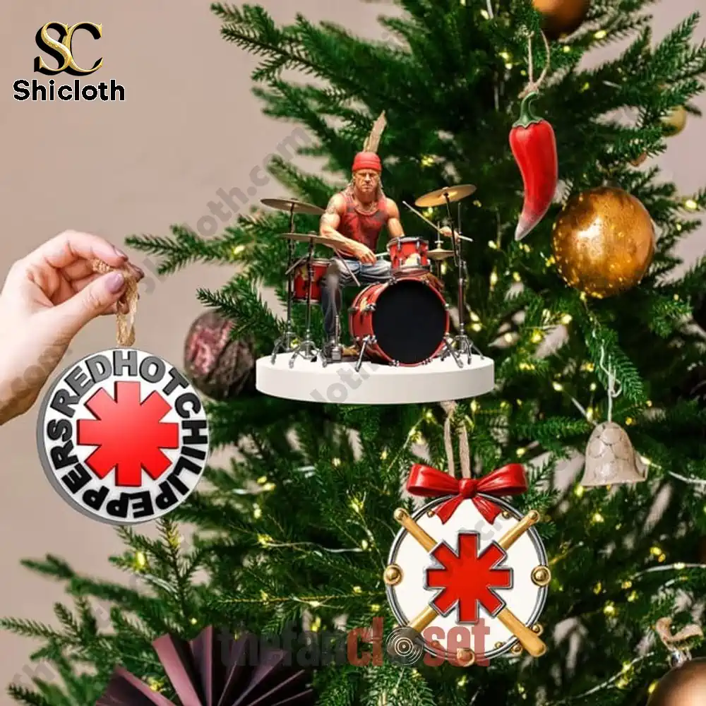 Red Hot Chili Peppers Limited Edition Advent Calendar 2025 3 Christmas tree decorated with Red Hot Chili Peppers ornaments from 2025 Advent Calendar.