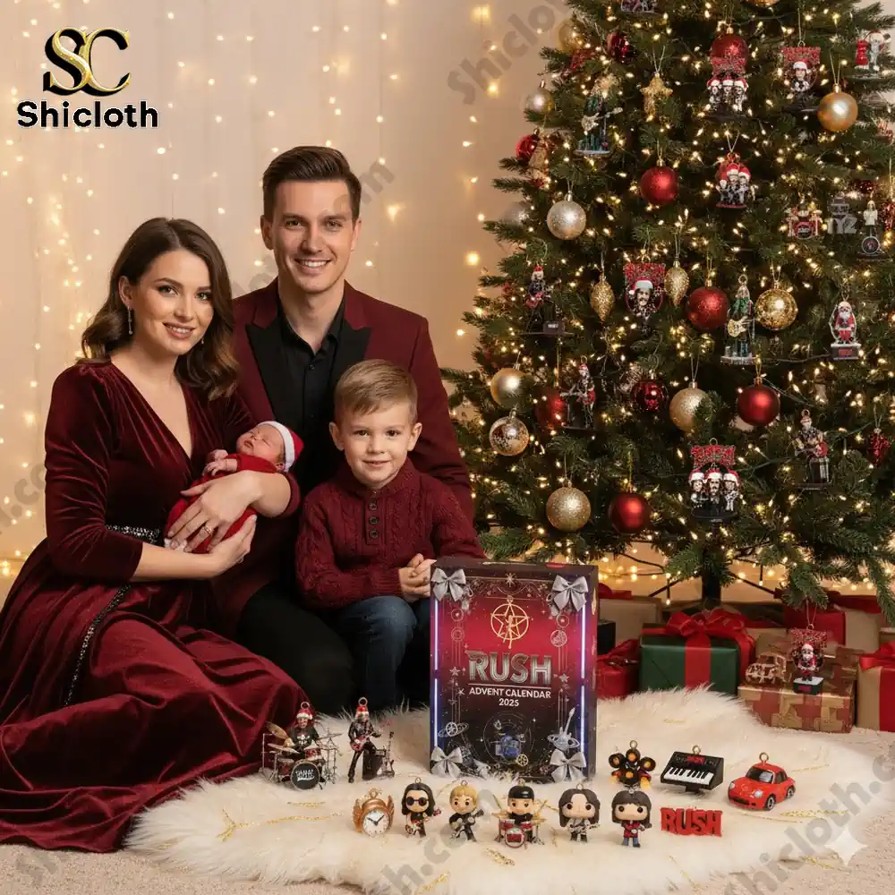 Family sitting by a Christmas tree with a Rush Advent Calendar 2025 and collectible figures.