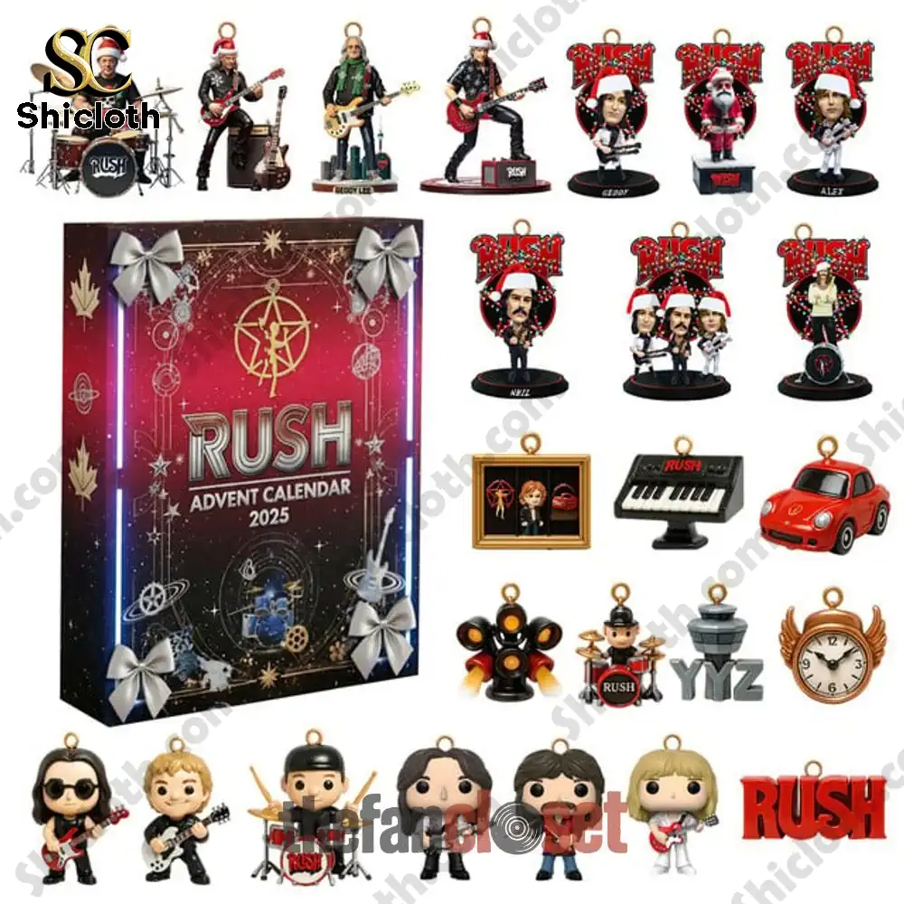 Rush Band Christmas 2025 Advent Calendar 3 Rush Advent Calendar 2025 with collectible figures and ornaments displayed.