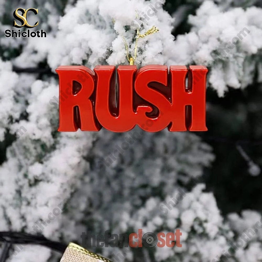 Rush Band Christmas 2025 Advent Calendar 4 Red Rush logo ornament hanging on a Christmas tree branch.