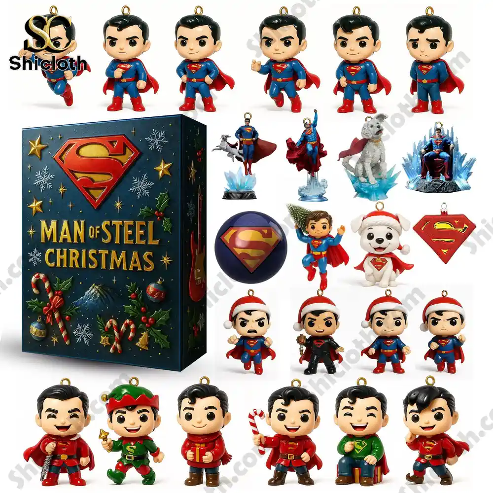 Superman 2025 advent calendar with collectible ornaments including Superman figures and holiday designs.