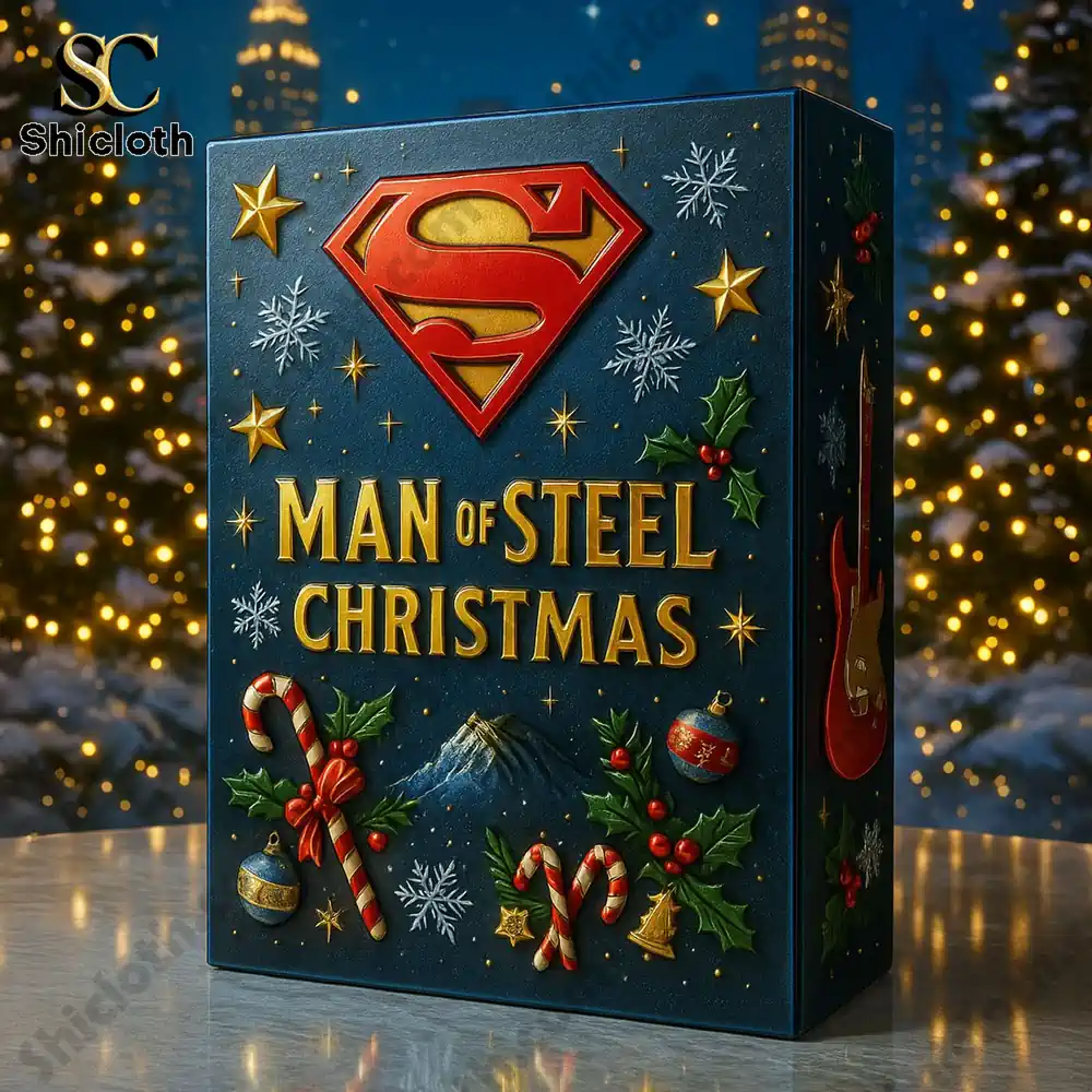 Close up of Superman Man of Steel Christmas 2025 advent calendar box with festive design.