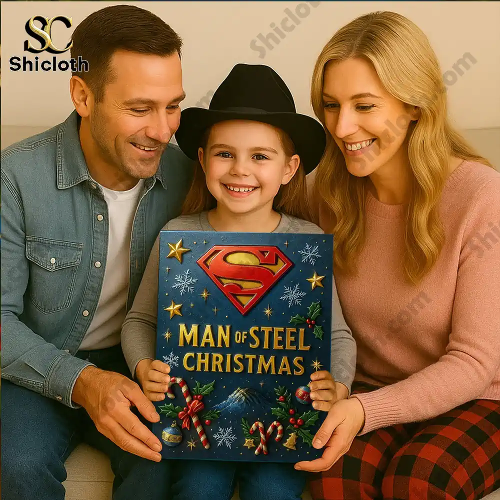 Superman DC Comics Premium Advent Calendar 2025 3 A smiling girl holding the Superman 2025 advent calendar box with her parents beside her.