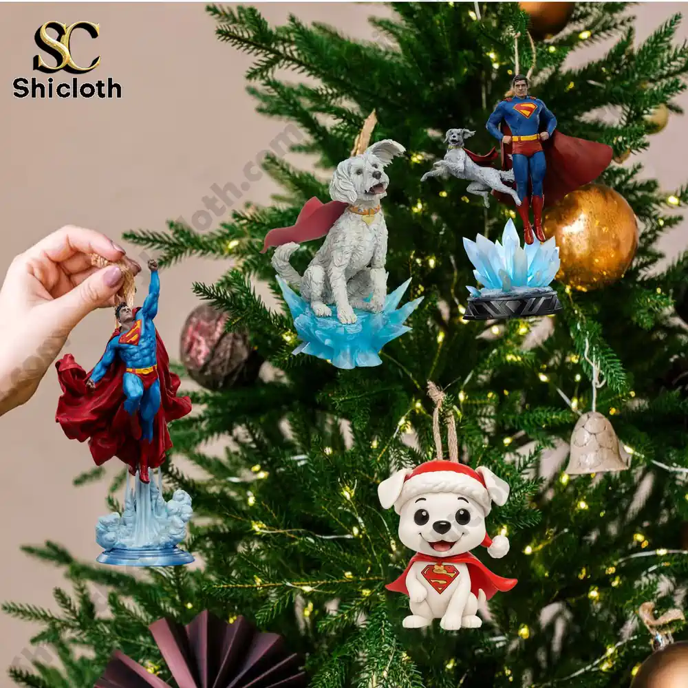 Superman DC Comics Premium Advent Calendar 2025 5 Christmas tree decorated with Superman ornaments including Superman and Krypto figures.