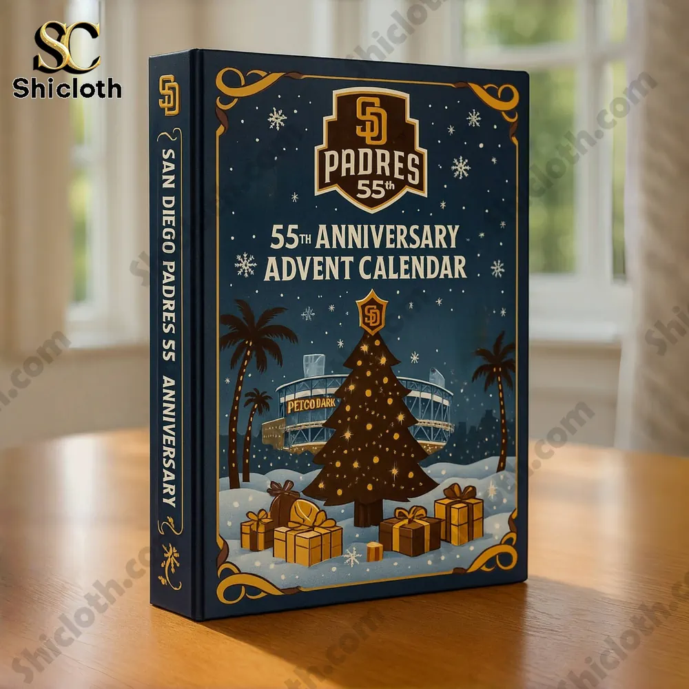 Close up of the Padres 55th Anniversary Advent Calendar box with festive artwork.