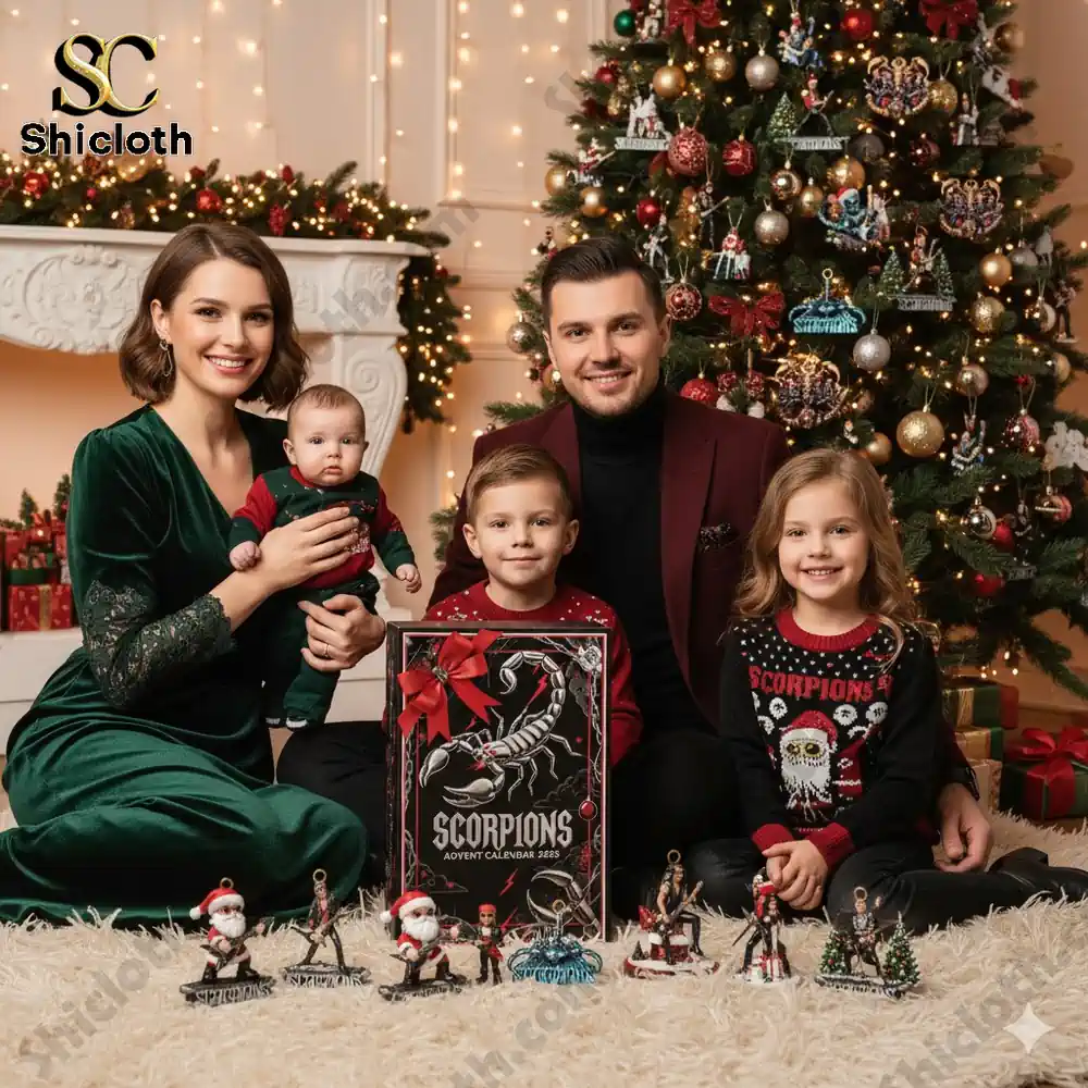 A family sits by a Christmas tree holding a Scorpions Advent Calendar 2025 box.