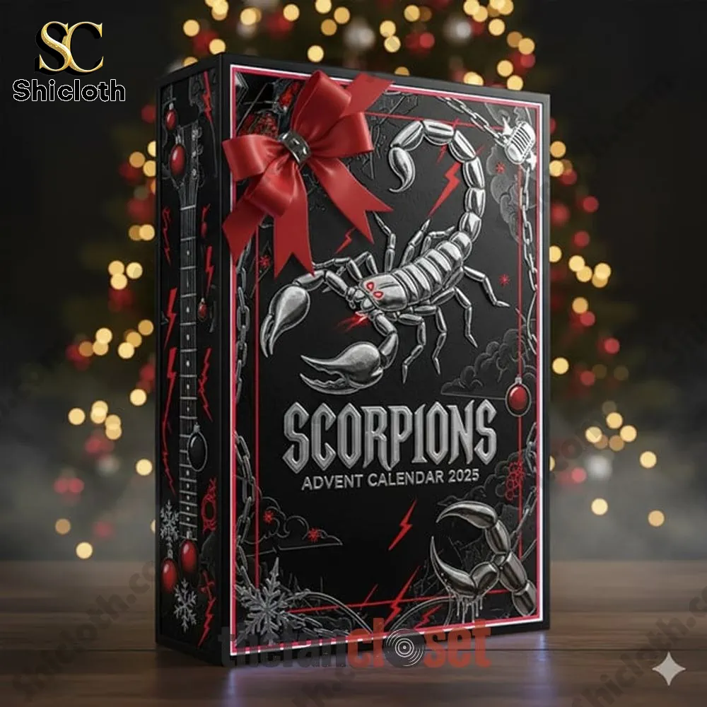 Close up of the Scorpions Advent Calendar 2025 gift box with a scorpion design.