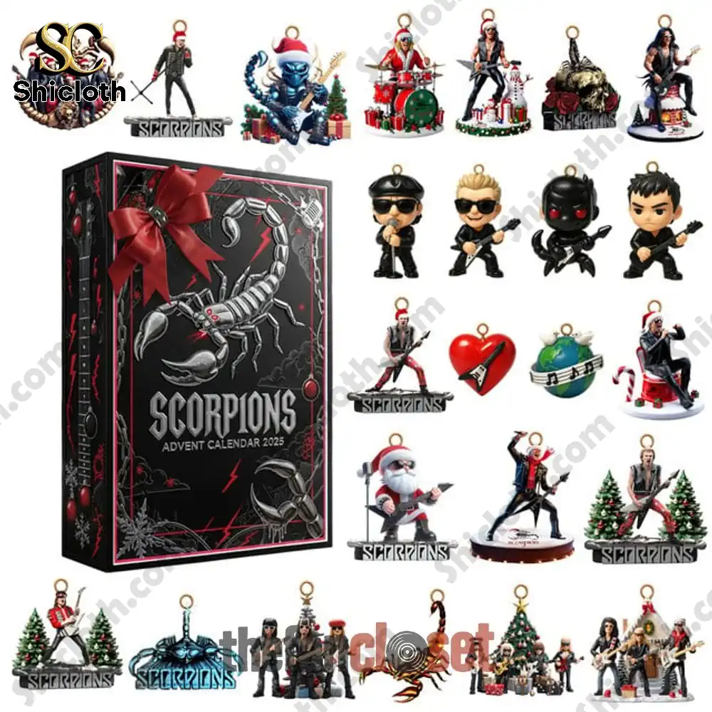 Scorpions Band Christmas 2025 Advent Calendar 3 Assorted Scorpions themed ornaments displayed with the Advent Calendar 2025 box.