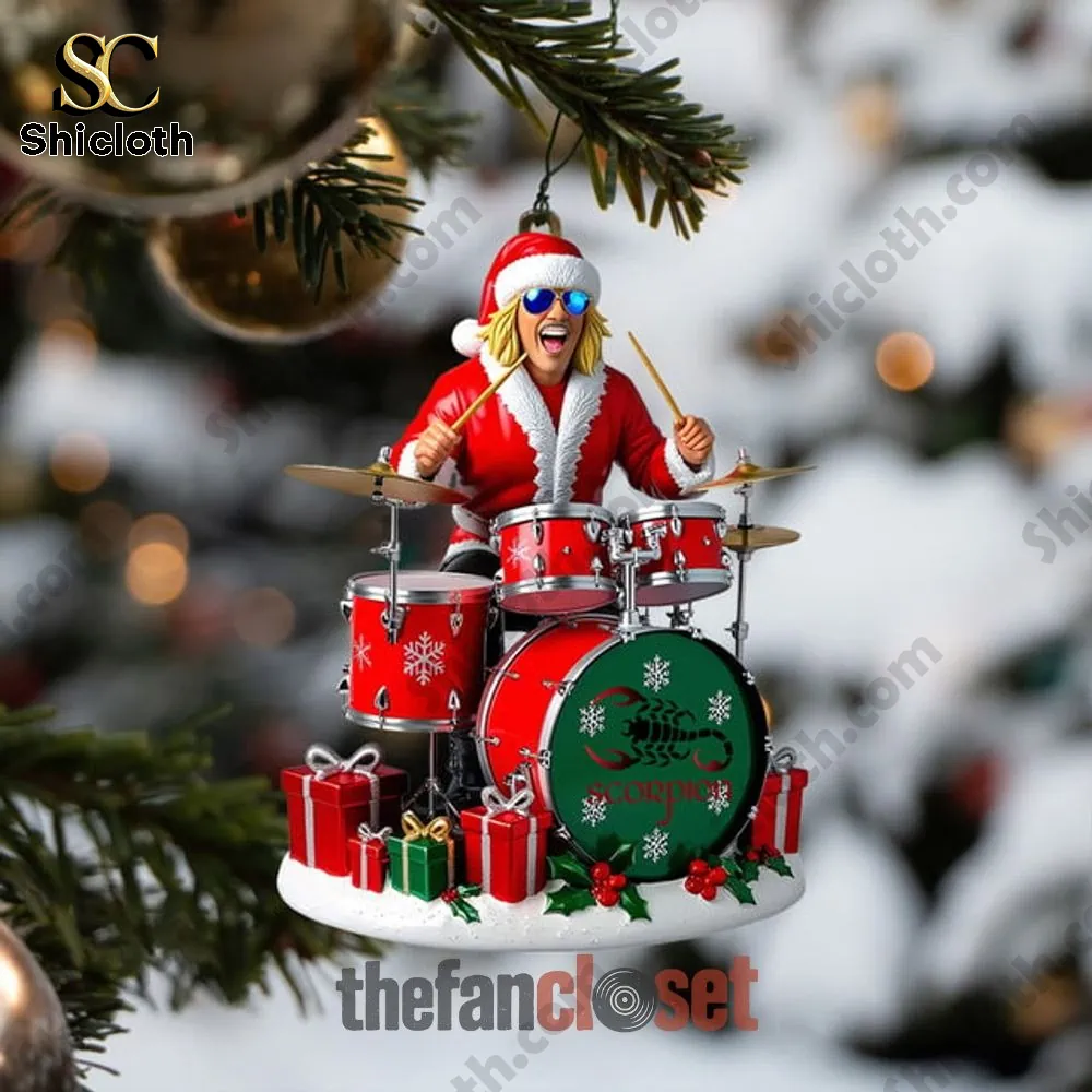 Scorpions Band Christmas 2025 Advent Calendar 4 Christmas tree ornament of a drummer dressed as Santa playing red drums.