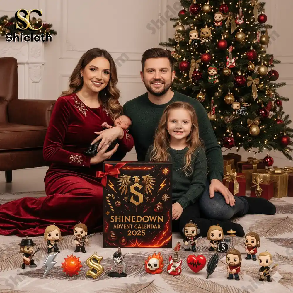 Family sitting by Christmas tree with Shinedown Advent Calendar 2025 and collectible mini figures.