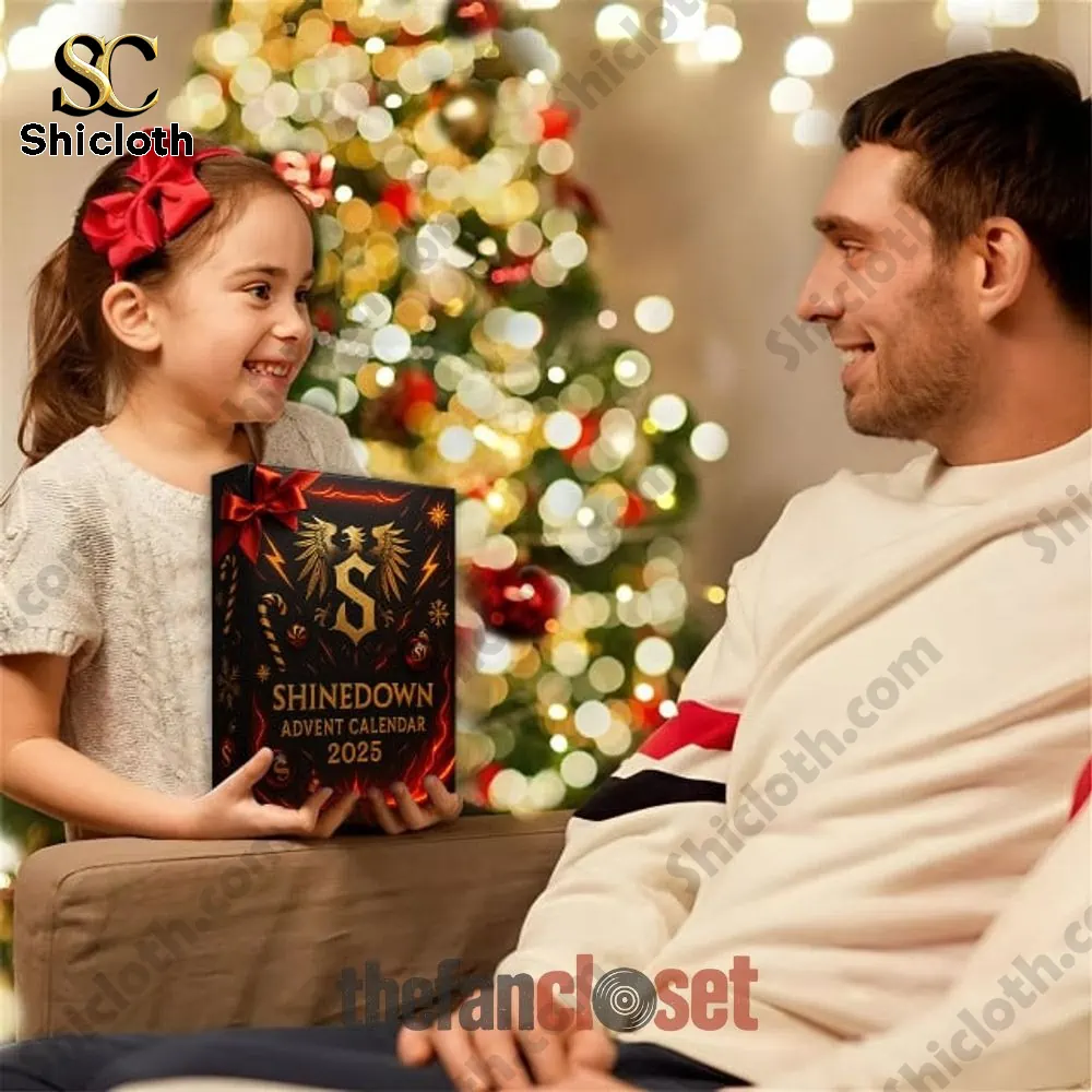 Shinedown Band Christmas 2025 Advent Calendar 4 Smiling child holding Shinedown Advent Calendar 2025 as a Christmas gift.