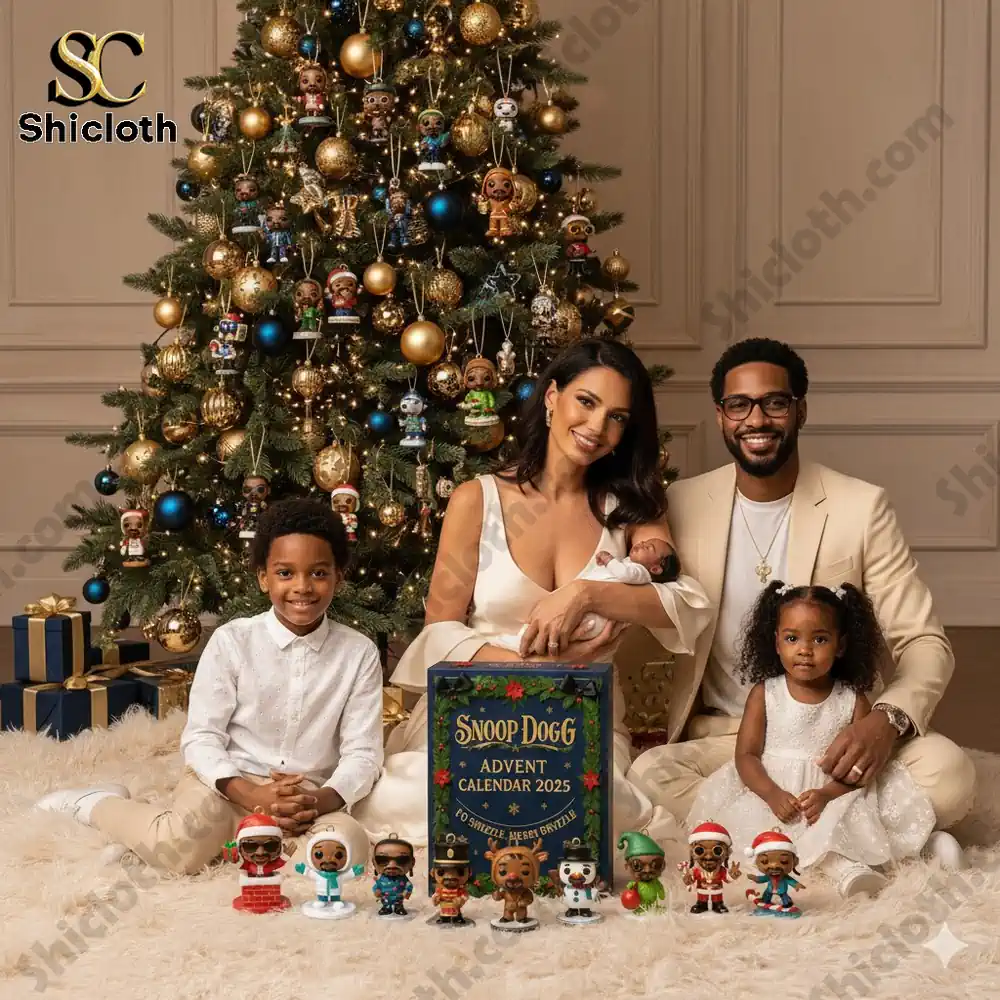 Family posing in front of a Christmas tree with Snoop Dogg Advent Calendar 2025 and collectible figures.