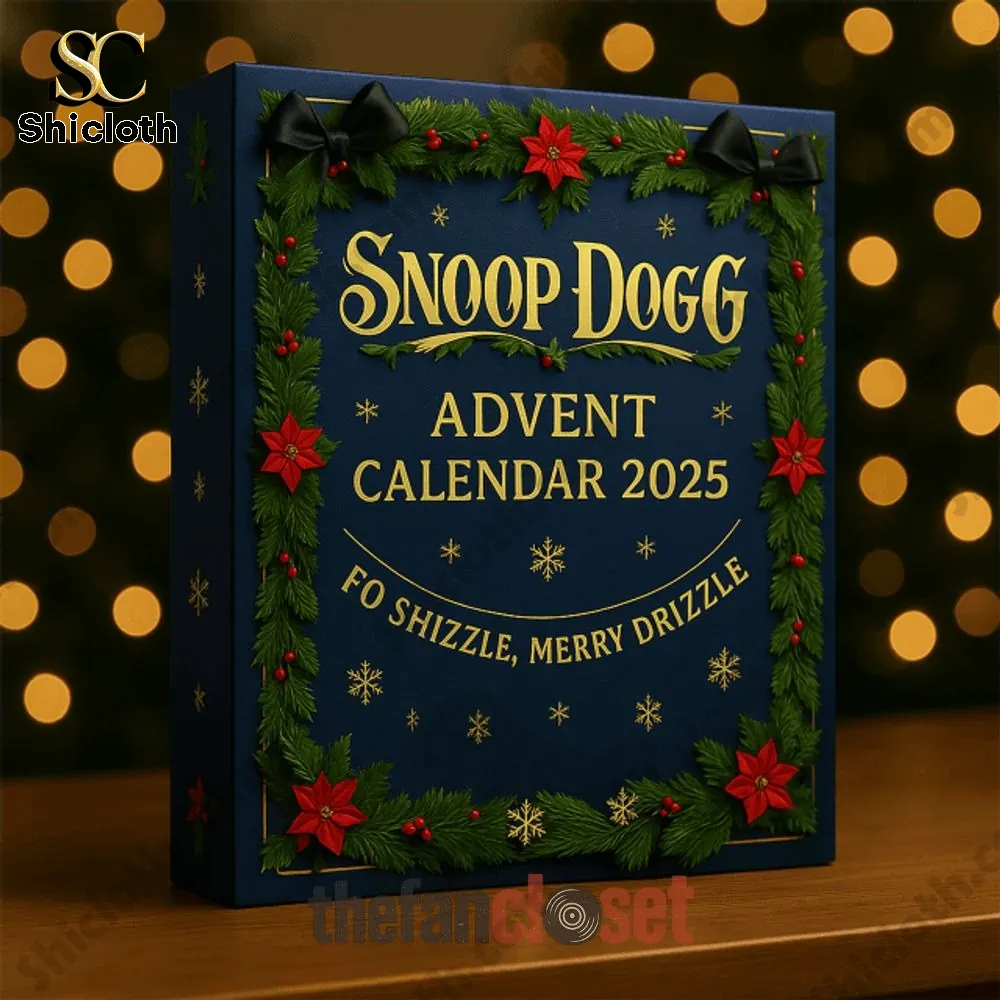 Close up of Snoop Dogg Advent Calendar 2025 decorated with Christmas details.